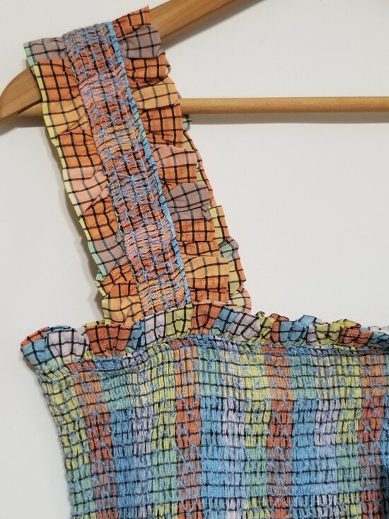 🌈NWT GANNI Multi-Color Seersucker Check Smocked Long Dress Size EU 38, 40 $285 - Picture 8 of 16